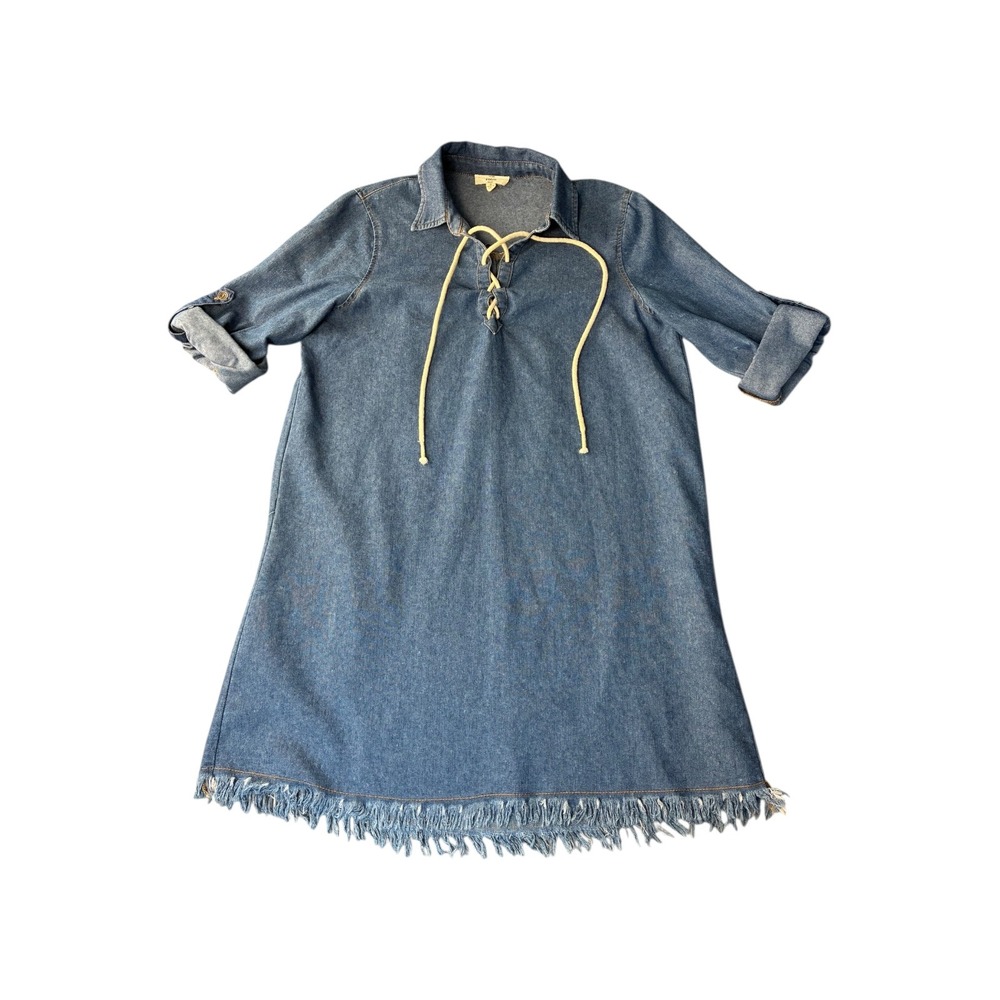 Entro Denim Lace Up Shirt Dress Fringe Hem Roll‎ Tab Sleeves Blue Size S